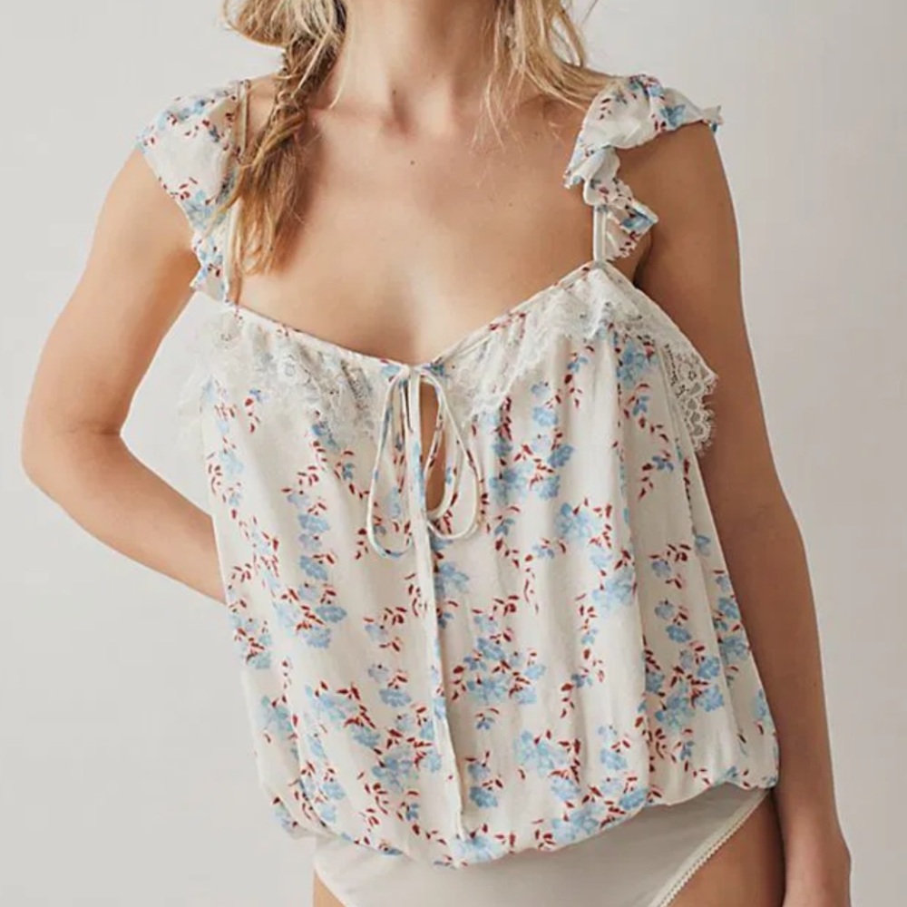 Free People Take It Away Floral Bodysuit in Ivory and Sky Blue
